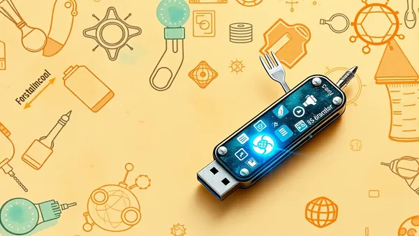 Chiếc USB cứu hộ đa năng phát sáng kết nối với laptop hiển thị danh sách file ISO